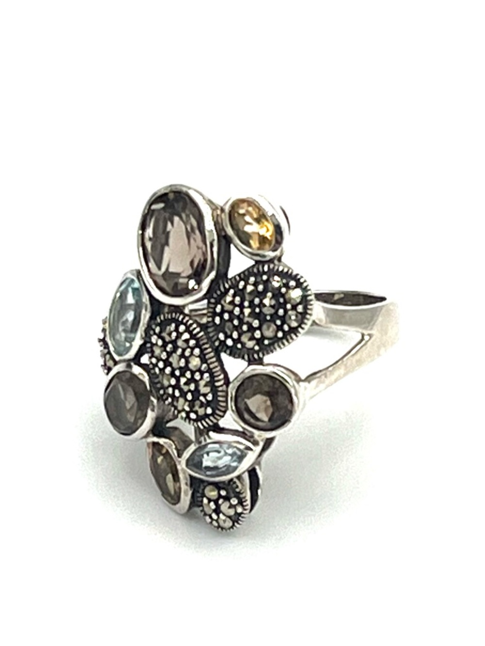 Multistone Floral Cluster Ring - Silver w Blue & Smoky Topaz, Citrine, Marcasite